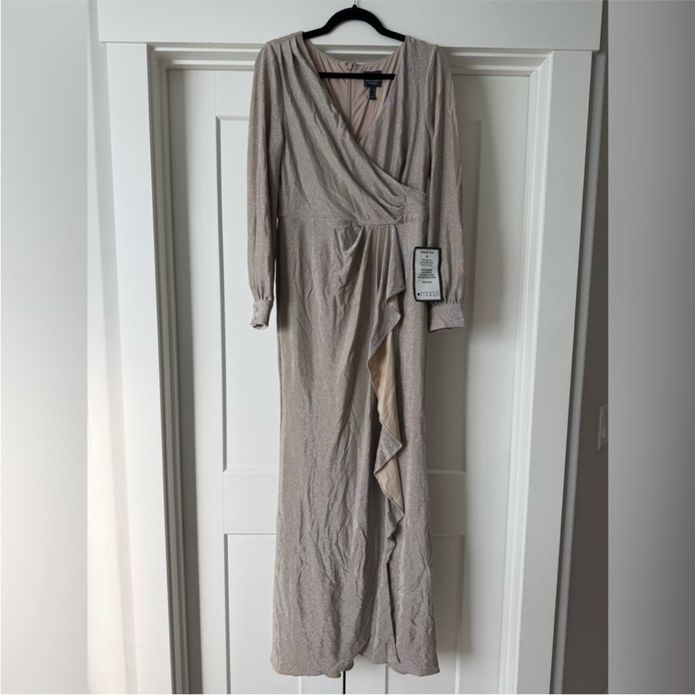 Macy's Tan Long Sleeve V-Neck Gown